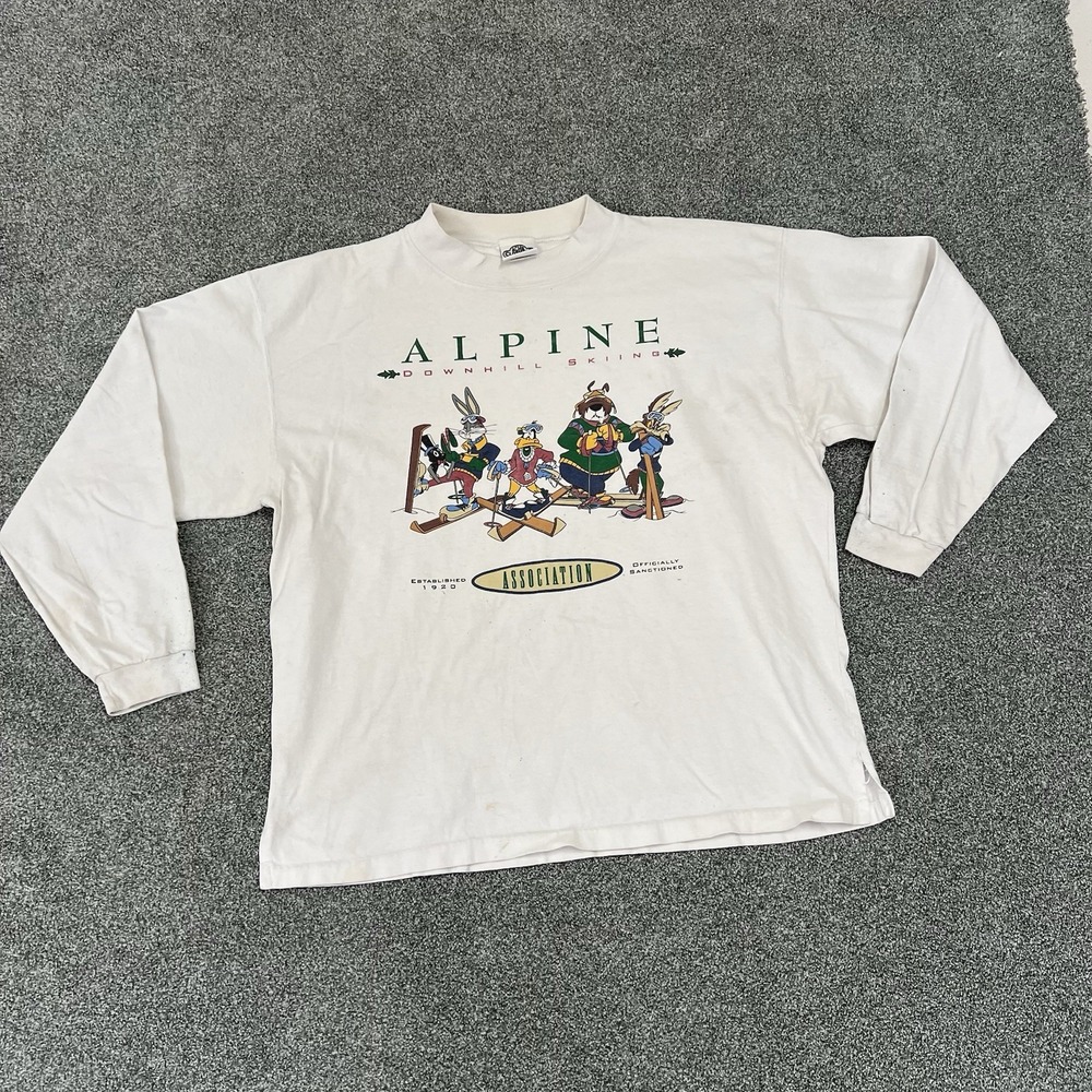Vintage Acme Looney Tunes Alpine Skiing Long Sleeve Shirt Mens L White USA